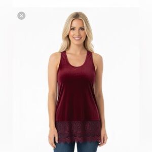 Emma G cranberry color sleeveless top with lace hem size large